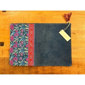 Anthropologie Riley Suede Commuter Clutch NWT Blue with Floral Pattern